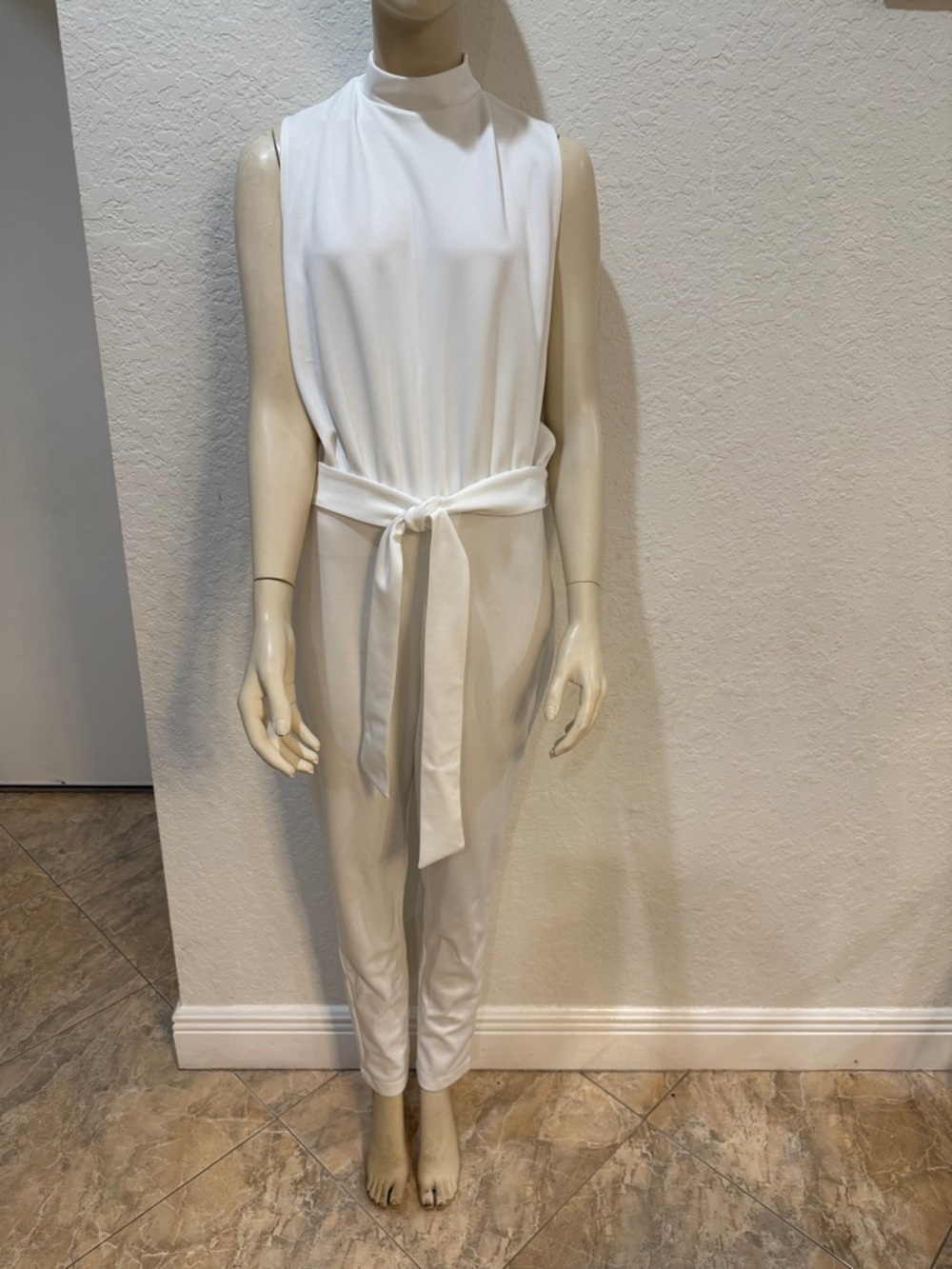 PrettyLittleThing Sleeveless High-Neck White Waist-Tie Jumpsuit (Preowned )